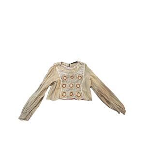 Zara Boho Crochet Knit Crop Top Women’s Medium Beige Long Sleeve Festival